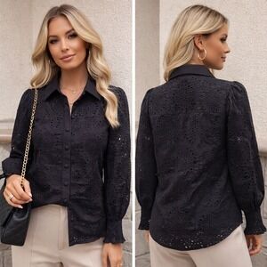 NWT PrettyGarden Black Eyelet Embroidery Button Down Puff Sleeve sm